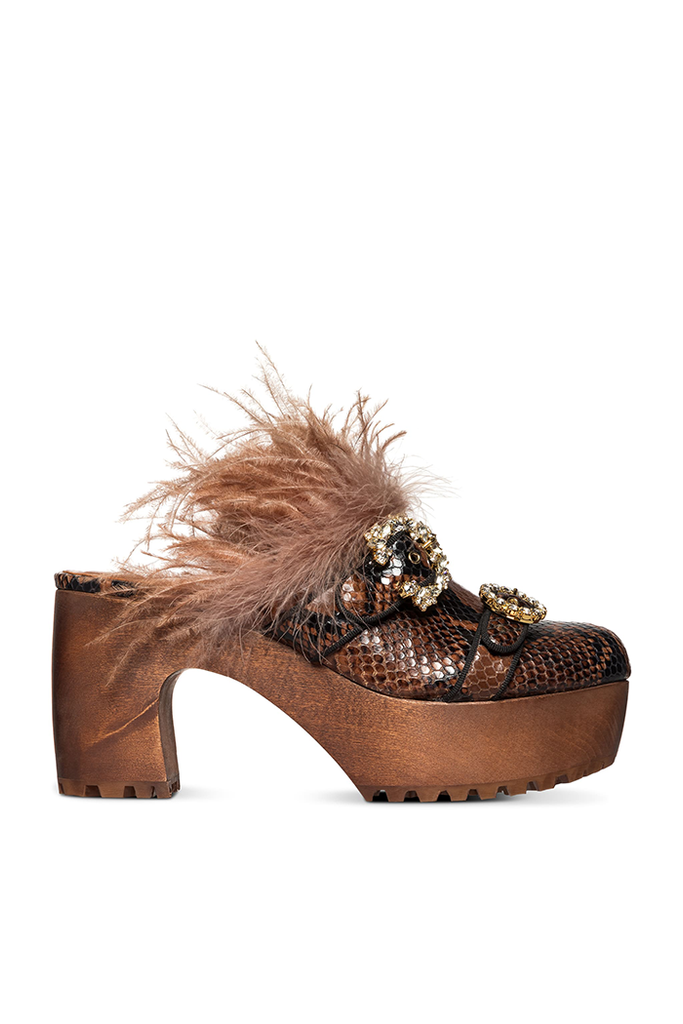 Cognac Snake Embossed Feather Clog