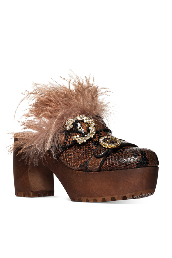 Cognac Snake Embossed Feather Clog